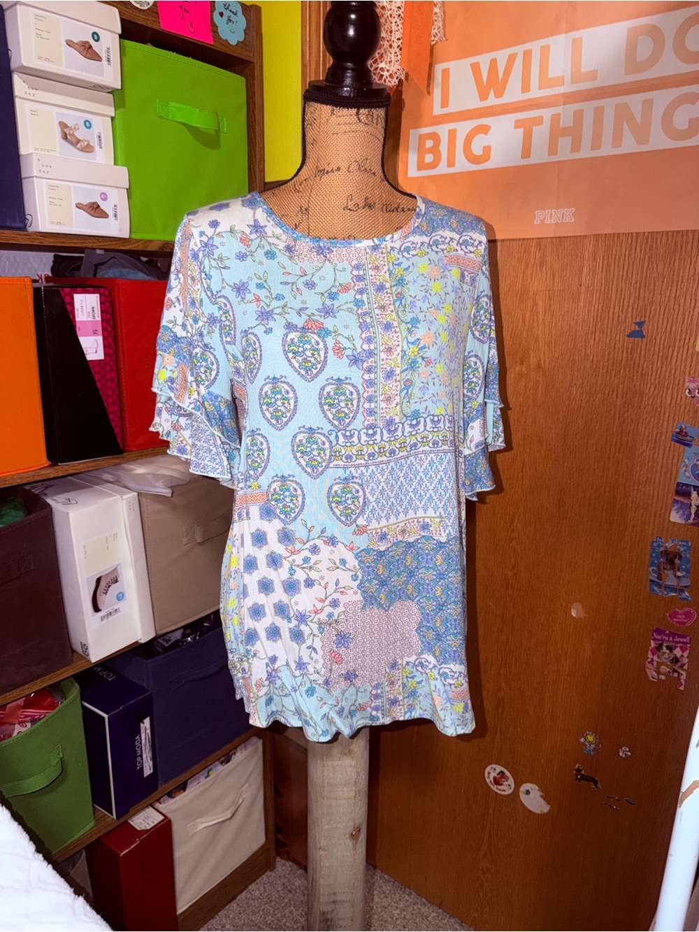 Light Blue Mixed-Print Ruffle-Sleeve Tunic Top